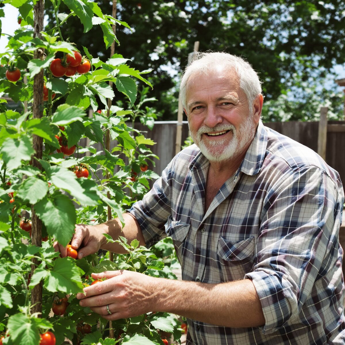 An older man smiling while tending tomato plants in his backyard garden.